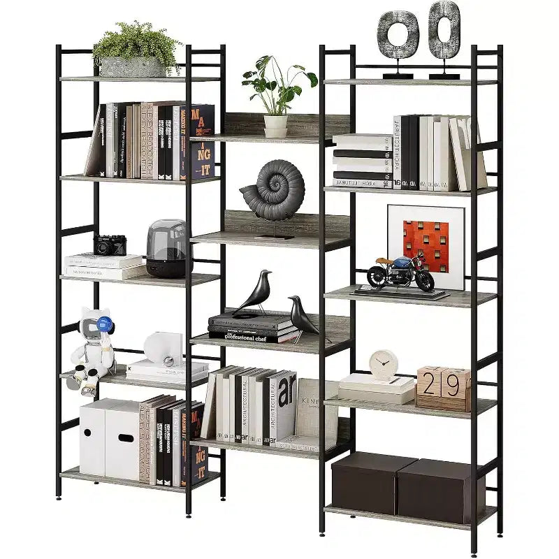 Étagère à 5 niveaux, Bibliothèque large industrielle avec étagères ouvertes, Bibliothèque haute rustique pour chambre à coucher ou bureau