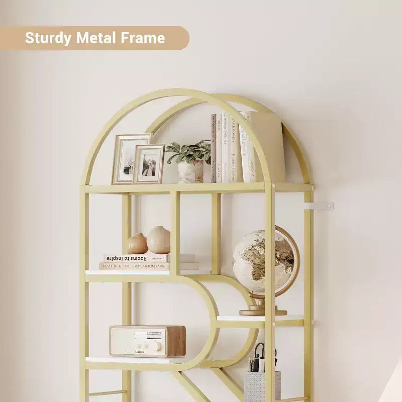 Bibliothèque arquée à 6 niveaux | Étagère géométrique pour la maison et le bureau | Bois et métal | 15 kg/étagère | 6 étagères ouvertes