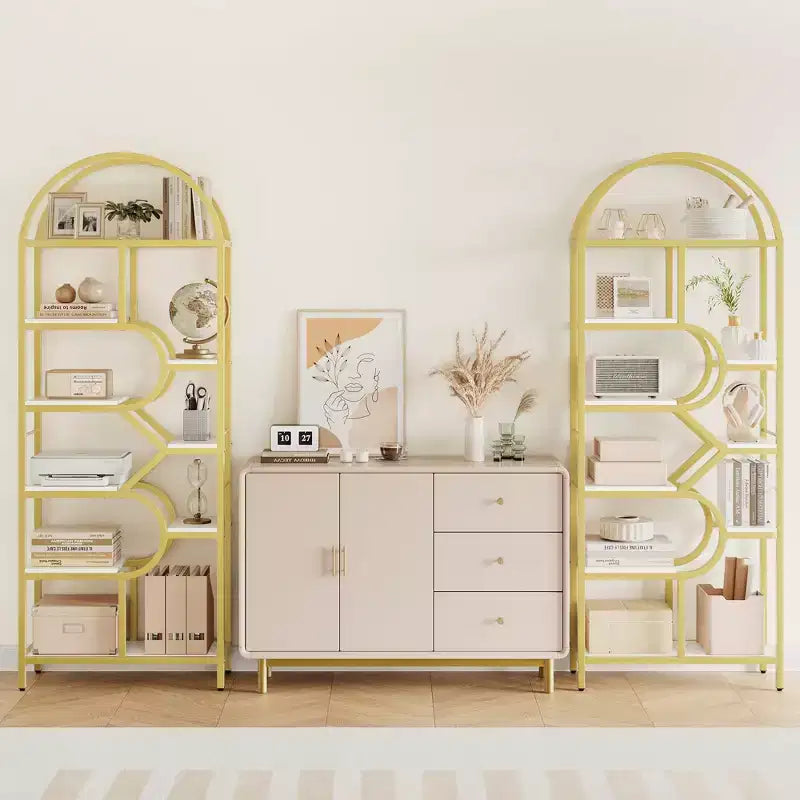 Bibliothèque arquée à 6 niveaux | Étagère géométrique pour la maison et le bureau | Bois et métal | 15 kg/étagère | 6 étagères ouvertes