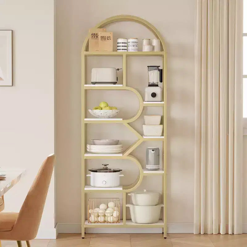 Bibliothèque arquée à 6 niveaux | Étagère géométrique pour la maison et le bureau | Bois et métal | 15 kg/étagère | 6 étagères ouvertes