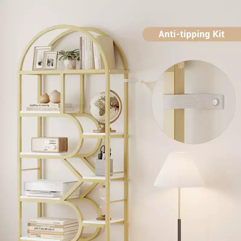Bibliothèque arquée à 6 niveaux | Étagère géométrique pour la maison et le bureau | Bois et métal | 15 kg/étagère | 6 étagères ouvertes