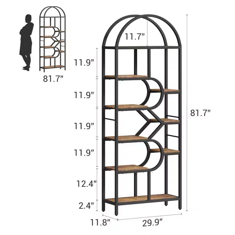 Bibliothèque arquée à 6 niveaux | Étagère géométrique pour la maison et le bureau | Bois et métal | 15 kg/étagère | 6 étagères ouvertes