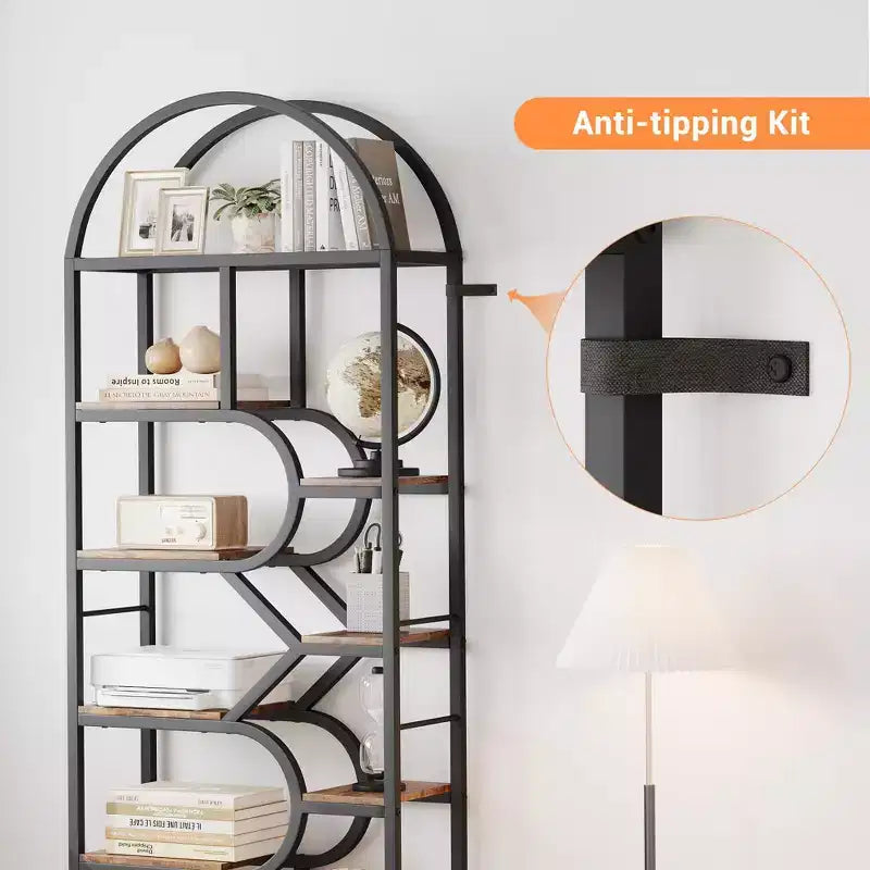 Bibliothèque arquée à 6 niveaux | Étagère géométrique pour la maison et le bureau | Bois et métal | 15 kg/étagère | 6 étagères ouvertes