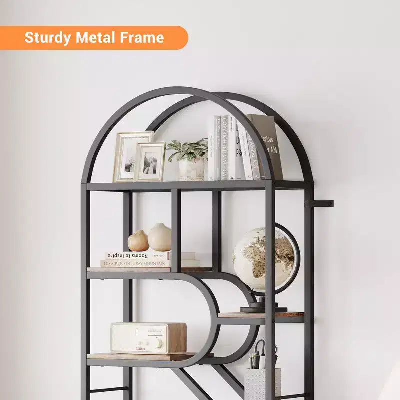 Bibliothèque arquée à 6 niveaux | Étagère géométrique pour la maison et le bureau | Bois et métal | 15 kg/étagère | 6 étagères ouvertes