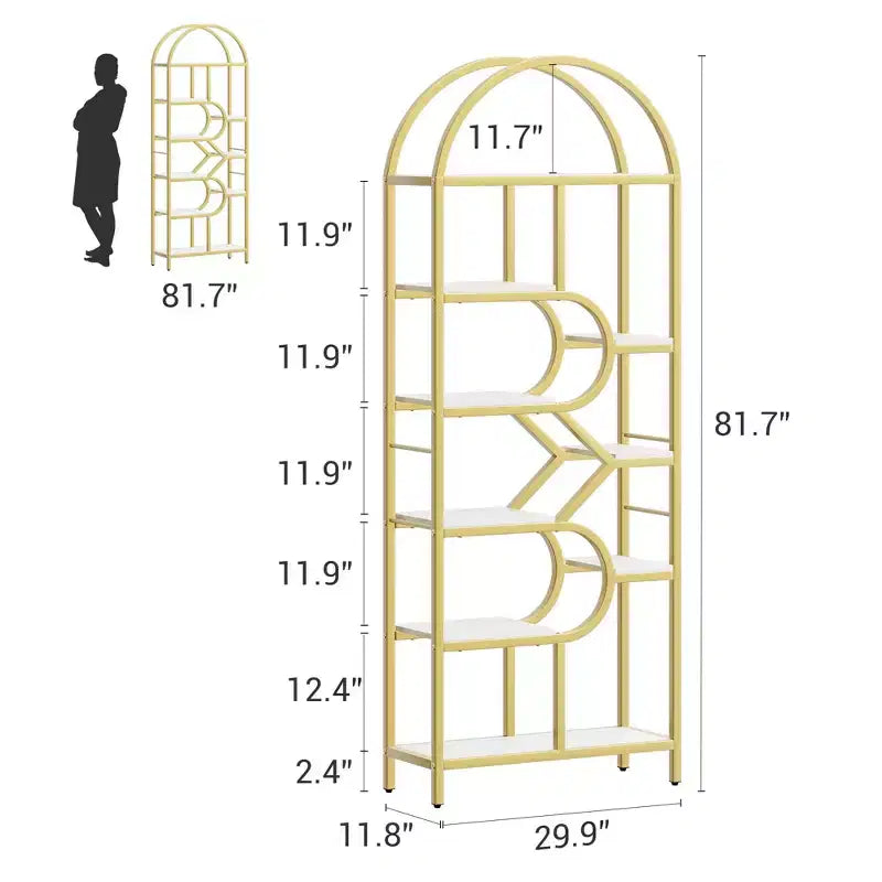 Bibliothèque arquée à 6 niveaux | Étagère géométrique pour la maison et le bureau | Bois et métal | 15 kg/étagère | 6 étagères ouvertes