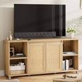 Meuble TV de style Mid-Century pour téléviseurs de 60 à 70 pouces avec portes en rotin et étagères ouvertes