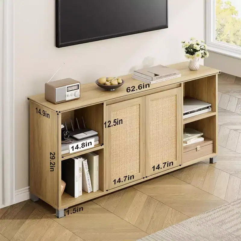 Meuble TV de style Mid-Century pour téléviseurs de 60 à 70 pouces avec portes en rotin et étagères ouvertes