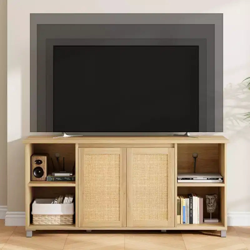Meuble TV de style Mid-Century pour téléviseurs de 60 à 70 pouces avec portes en rotin et étagères ouvertes