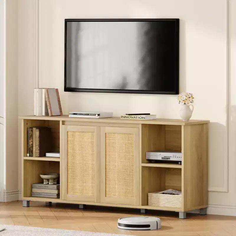 Meuble TV de style Mid-Century pour téléviseurs de 60 à 70 pouces avec portes en rotin et étagères ouvertes