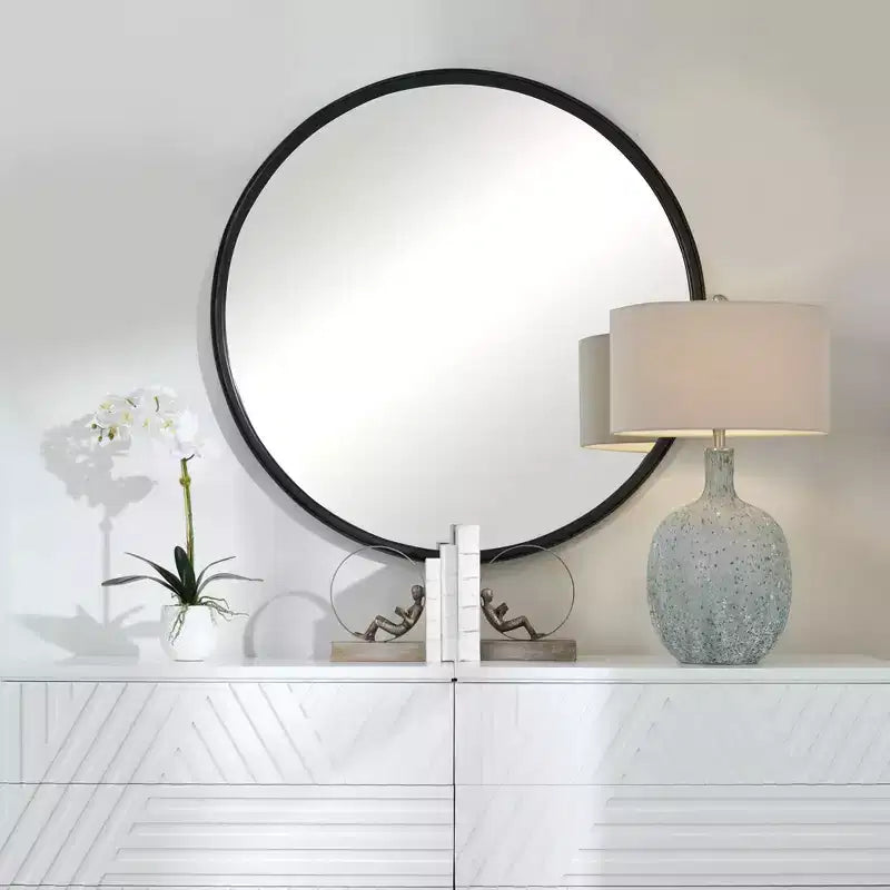 Miroir Mural Rond Moderne Cadre en Fer Vieilli Noir Gris 44 de Large
