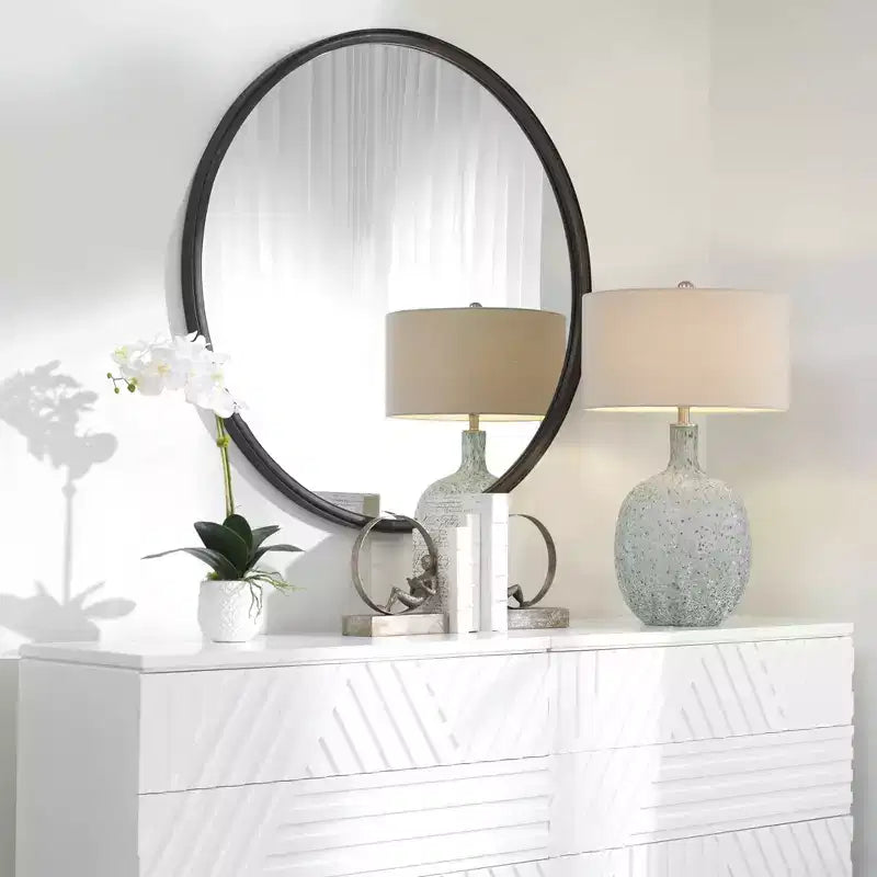 Miroir Mural Rond Moderne Cadre en Fer Vieilli Noir Gris 44 de Large