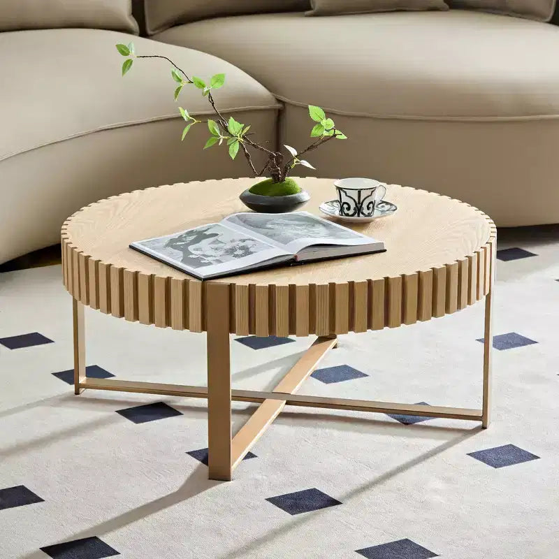 Table basse ronde de 80 cm pour salon avec pied solide, couleur naturelle