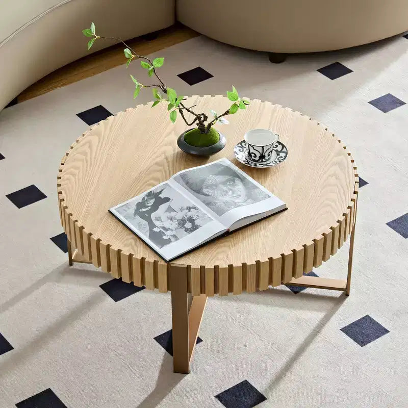 Table basse ronde de 80 cm pour salon avec pied solide, couleur naturelle