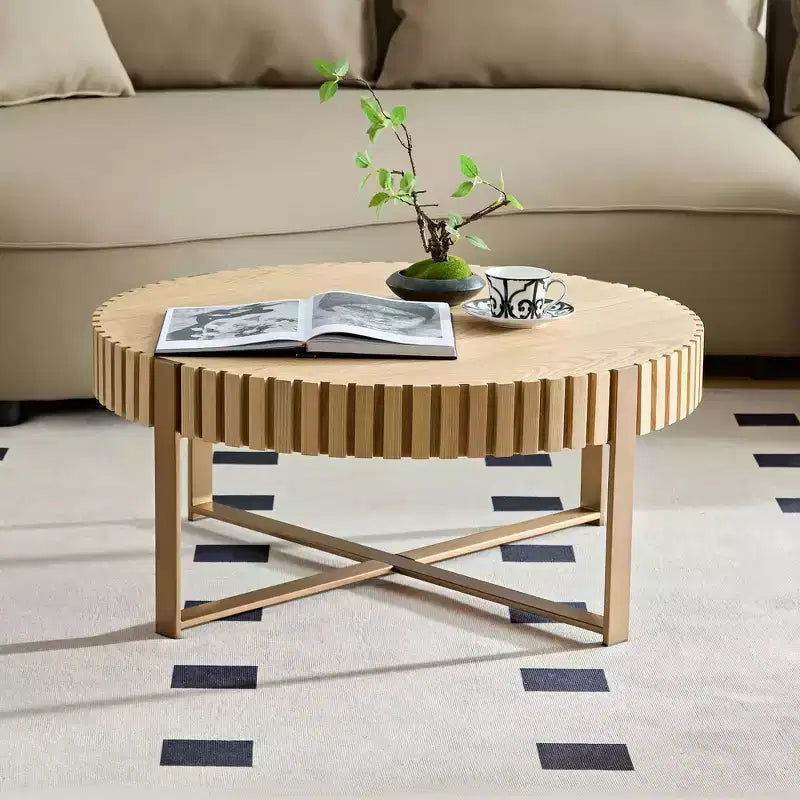 Table basse ronde de 80 cm pour salon avec pied solide, couleur naturelle