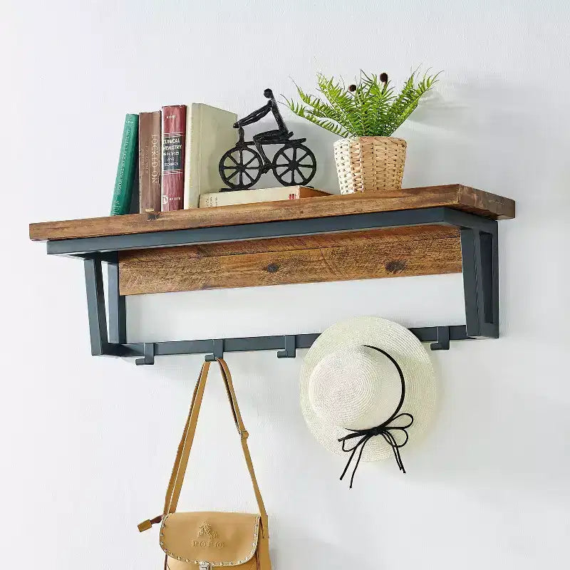 Porte-manteau mural rustique en bois avec étagère marron foncé - Rangement mural, 5 crochets, aucun assemblage requis