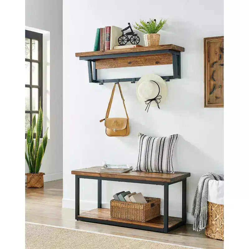 Porte-manteau mural rustique en bois avec étagère marron foncé - Rangement mural, 5 crochets, aucun assemblage requis