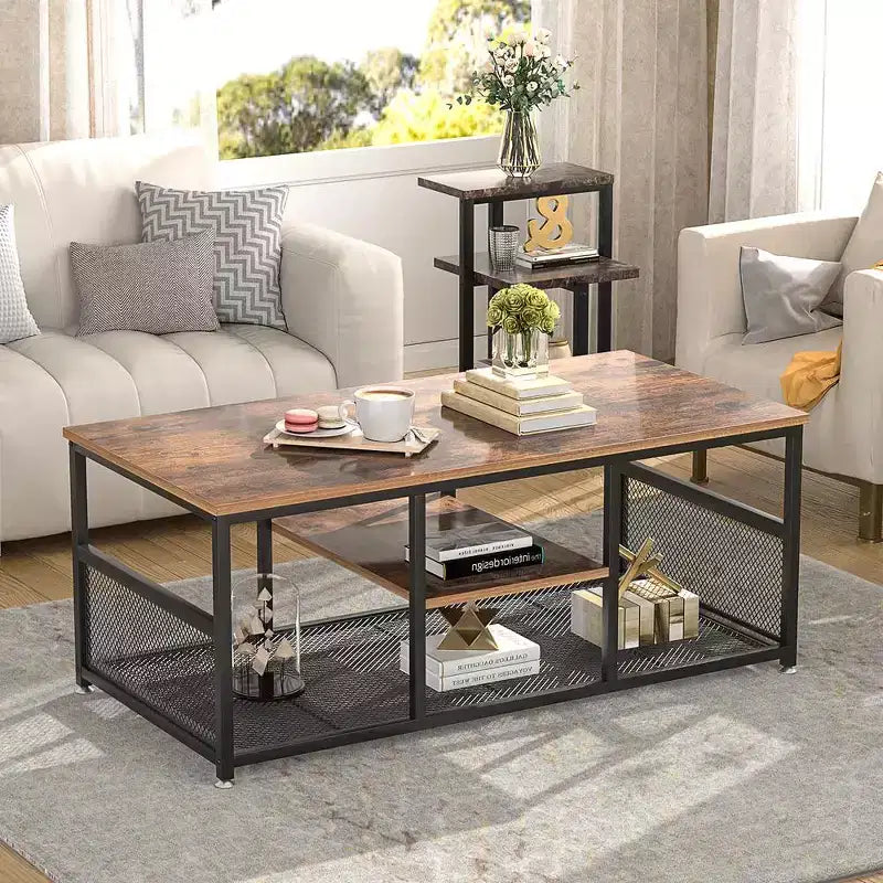 Table basse rectangulaire de 100 cm avec étagère de rangement, meuble TV industriel