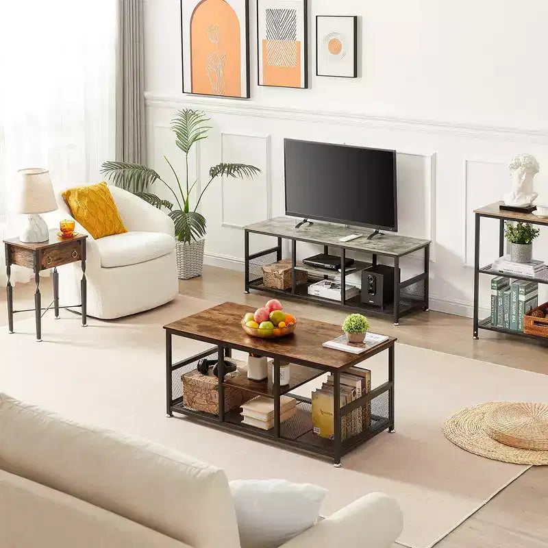 Table basse rectangulaire de 100 cm avec étagère de rangement, meuble TV industriel