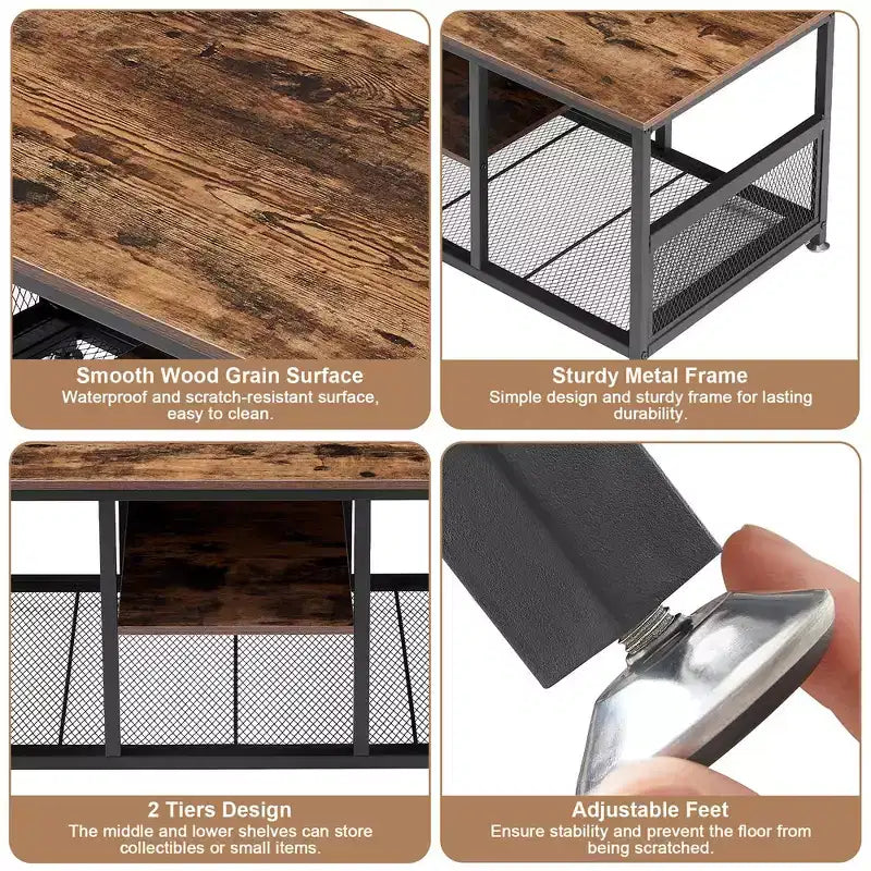 Table basse rectangulaire de 100 cm avec étagère de rangement, meuble TV industriel
