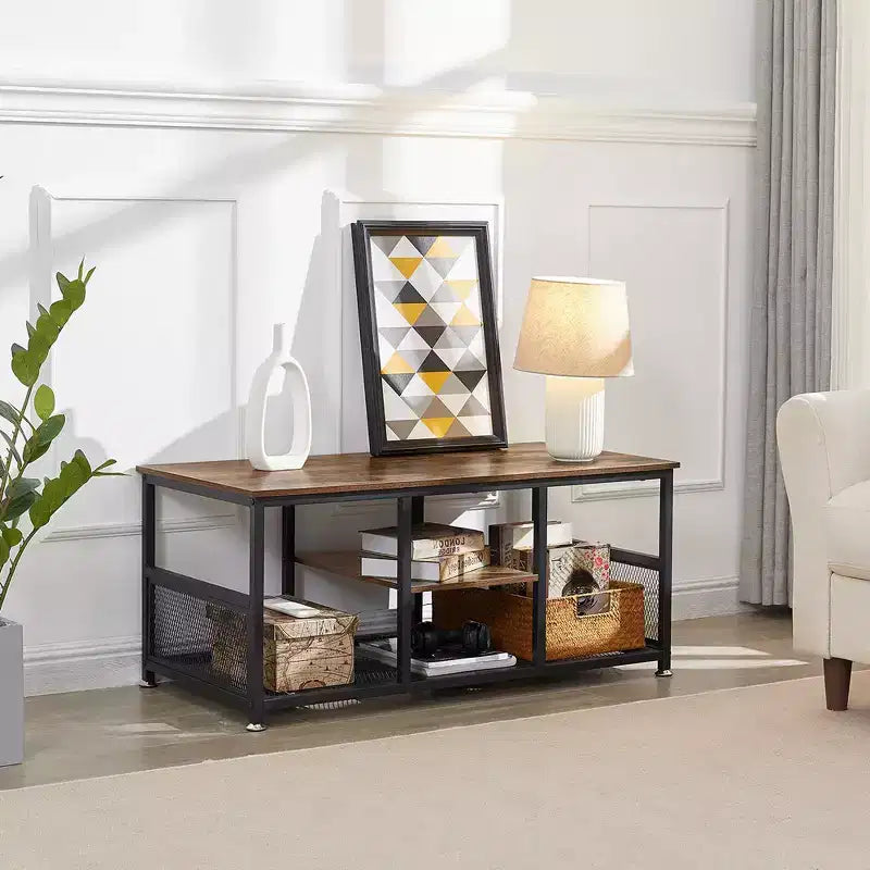 Table basse rectangulaire de 100 cm avec étagère de rangement, meuble TV industriel
