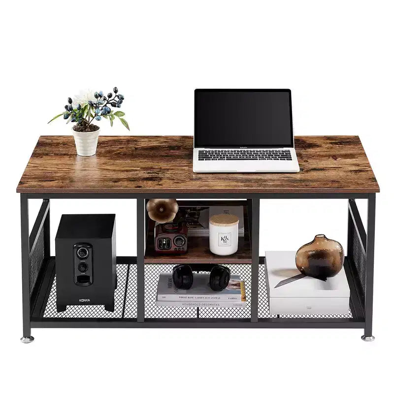 Table basse rectangulaire de 100 cm avec étagère de rangement, meuble TV industriel