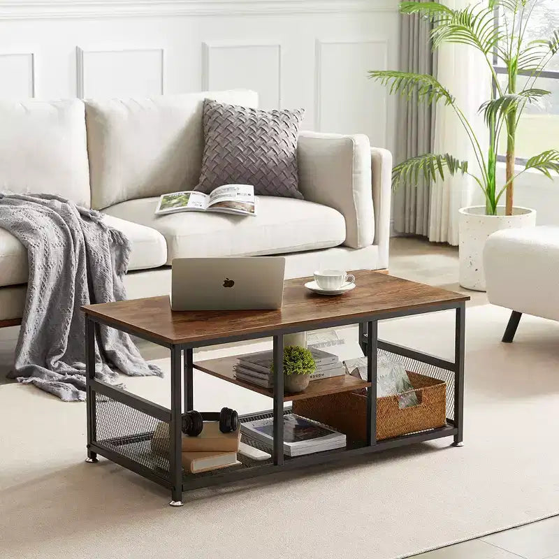 Table basse rectangulaire de 100 cm avec étagère de rangement, meuble TV industriel