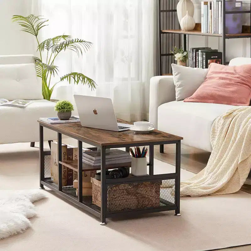 Table basse rectangulaire de 100 cm avec étagère de rangement, meuble TV industriel