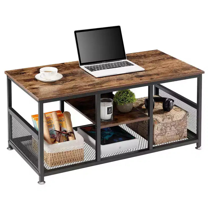 Table basse rectangulaire de 100 cm avec étagère de rangement, meuble TV industriel