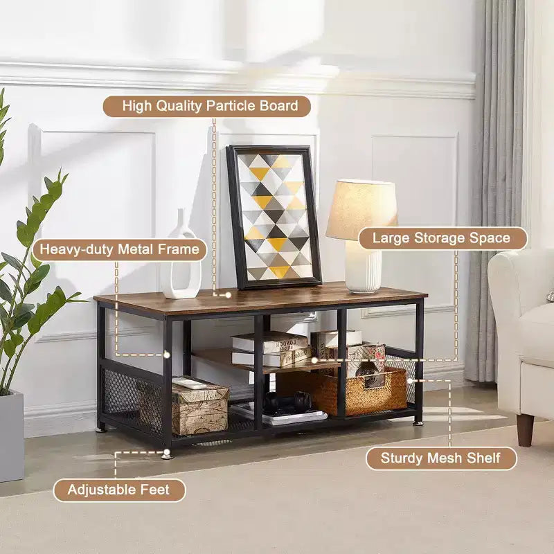 Table basse rectangulaire de 100 cm avec étagère de rangement, meuble TV industriel