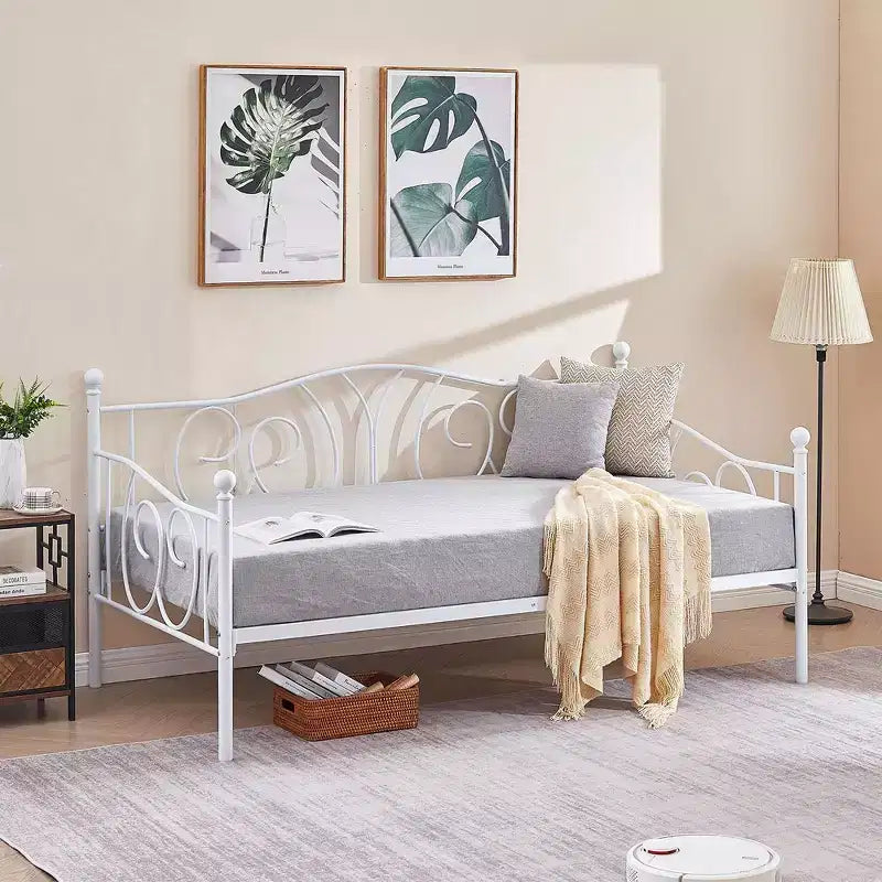 Cadre de lit de repos métallique double, lit-canapé avec rangement sous le lit, assemblage facile, pas besoin de sommier tapissier