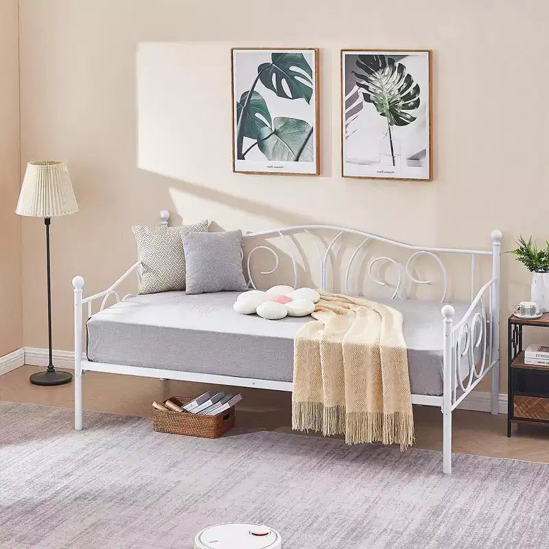 Cadre de lit de repos métallique double, lit-canapé avec rangement sous le lit, assemblage facile, pas besoin de sommier tapissier