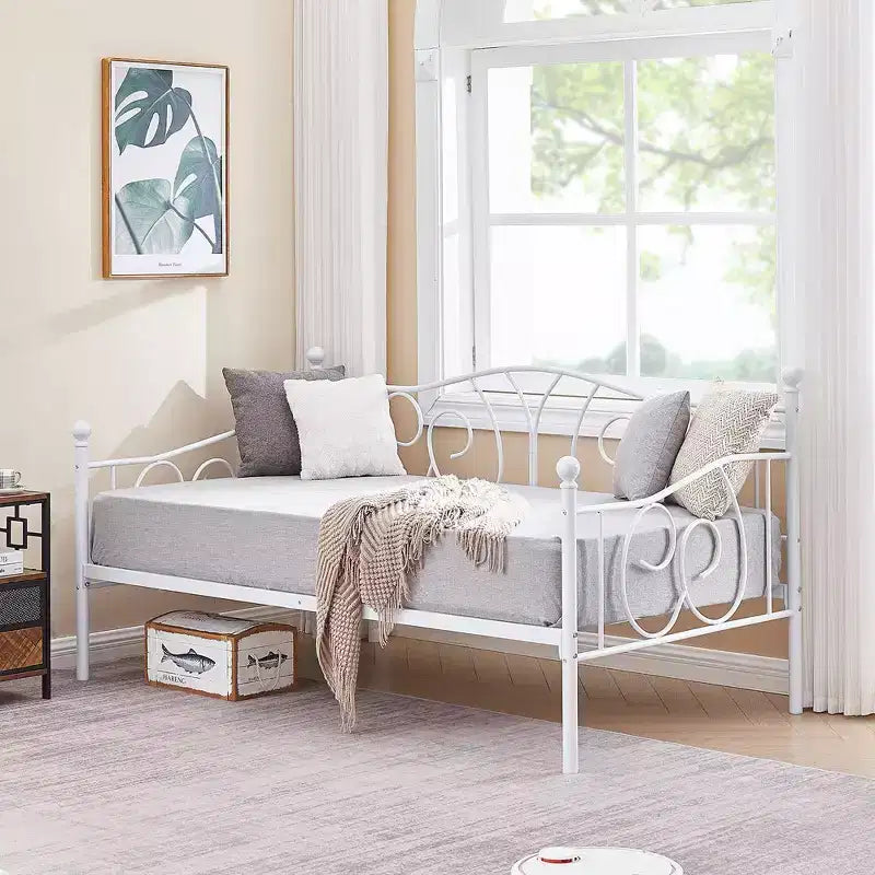 Cadre de lit de repos métallique double, lit-canapé avec rangement sous le lit, assemblage facile, pas besoin de sommier tapissier