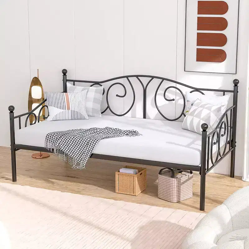 Cadre de lit de repos métallique double, lit-canapé avec rangement sous le lit, assemblage facile, pas besoin de sommier tapissier